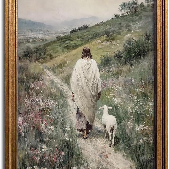 Aroutde Good Shepherd Jesus Framed Wall Art, Vintage Gold Framed Jesus and Lamb Canvas Printing, Christian Art Poster Modern Religious Art Print for Living Room Bedroom Decor (16L''x12W'')