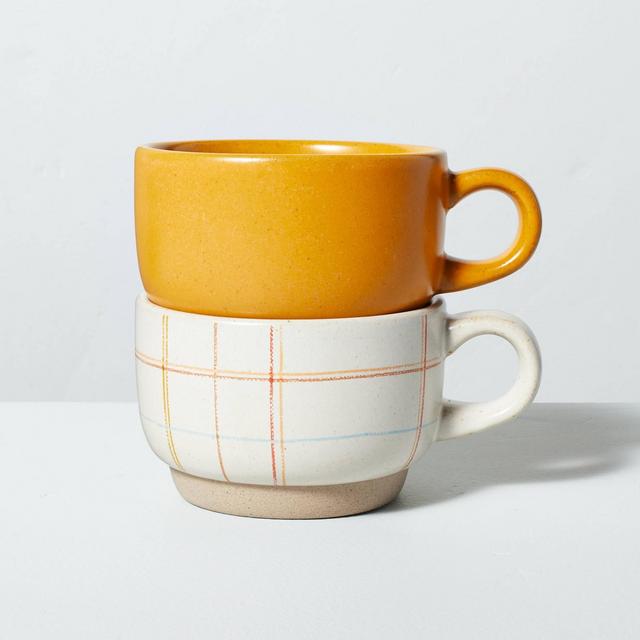 10oz Casual Plaid & Solid Stoneware Mug Set Gold/Plaid - Hearth & Hand™ with Magnolia