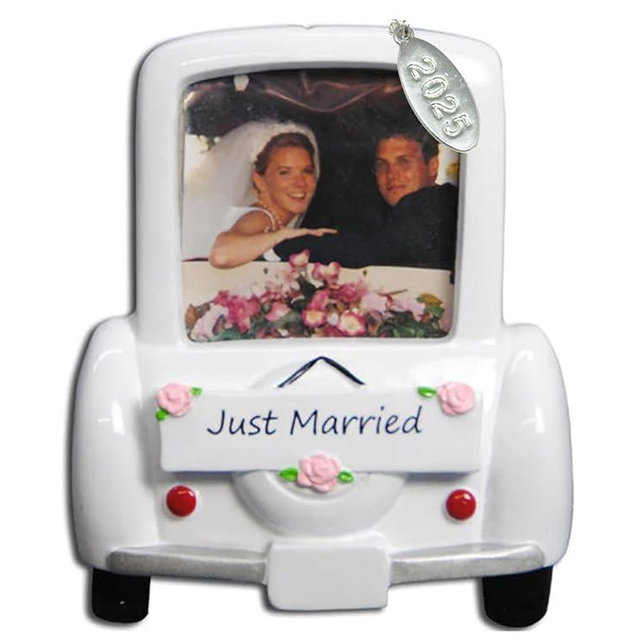 2025 Our First Christmas Ornament Wedding Car Picture Frame Ornament with Bride and Groom - Easy to Personalize - Comes in a Gift Box