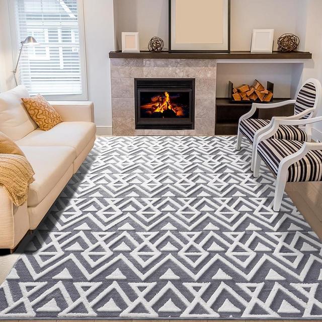 Unirea Geometric Shag Area Rugs for Bedroom Living Room, 7x10 Feet Machine Washable Large Rug Memory Foam Fluffy Carpet for Kids Room Dorm Nursery Classroom Play Mat Accent Home Decor, Grey