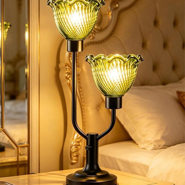Lightdot Mid Century Modern Glass Green Table Lamp Dimmable Black Desk Lamp with Flower Glass Shade 2 Bulbs Included 3000K Warmwhite Nightstand Ambience Lamp for Living Room Bedroom