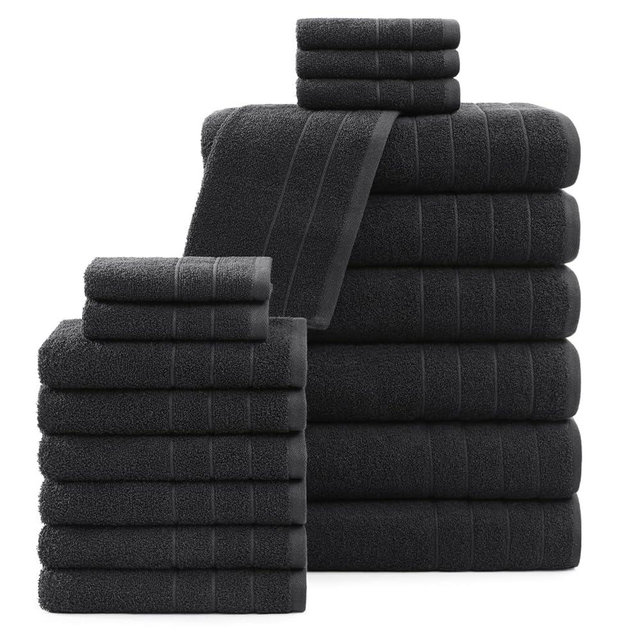 Casa Platino Black Towels for Bathroom Sets, 18 Piece Towels Set Includes 6 Large Bath Towels(30"x 60"), 6 Hand Towels & 6 Washcloths, 100% Cotton Bathroom Towels - Black