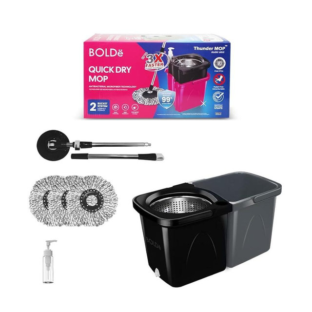 BOLDë Thunder Mop Spin System - Double-Sided - 2 Compact Stackable 6L Buckets, Microfiber Head, Stainless Steel Wringer, Antifungal Quick-Dry Cleaning, Soap Dispenser, 3 Free Refills (Black/Grey)