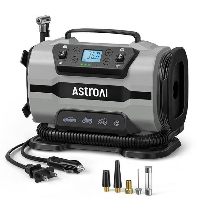 AstroAI Tire Inflator Portable Air Compressor Pump 150PSI 12V DC/110V AC with Dual Metal Motors &LED Light， Automotive Car Accessories&Two mode for car, bicycle tires and air mattresses, Gray