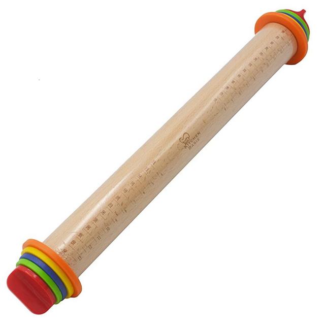 K BASIX Beech Wood Adjustable Rolling Pin with Multicolored Removable Rings Classic for Baking Dough Pizza Pie and Cookies