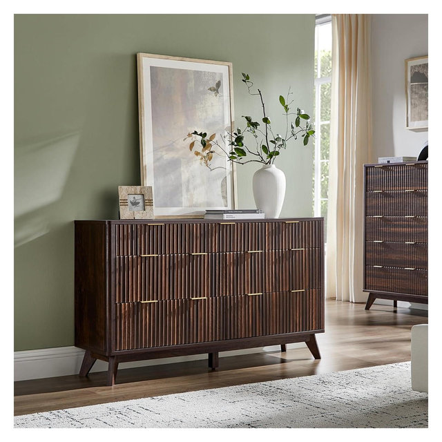 54" Wide Modern 7 Drawer Fluted Dresser with Faux Marble Top & Curved Profile, Dresser TV Stand, Wood Drawer Organizer for Bedroom, Dark walnut
