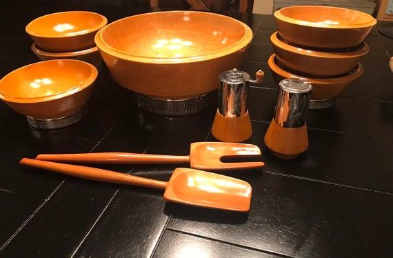Vintage / 1960's / Hellerware / Salad Set / Wood / Chrome / MCM