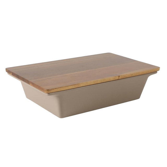 Gibson Elite 2.75-Quart 13.5" x 8.5" Stoneware Baking Dish with Acacia Wood Lid – Taupe Rectangular Oven Safe Baker for Casseroles, Roasting & Serving
