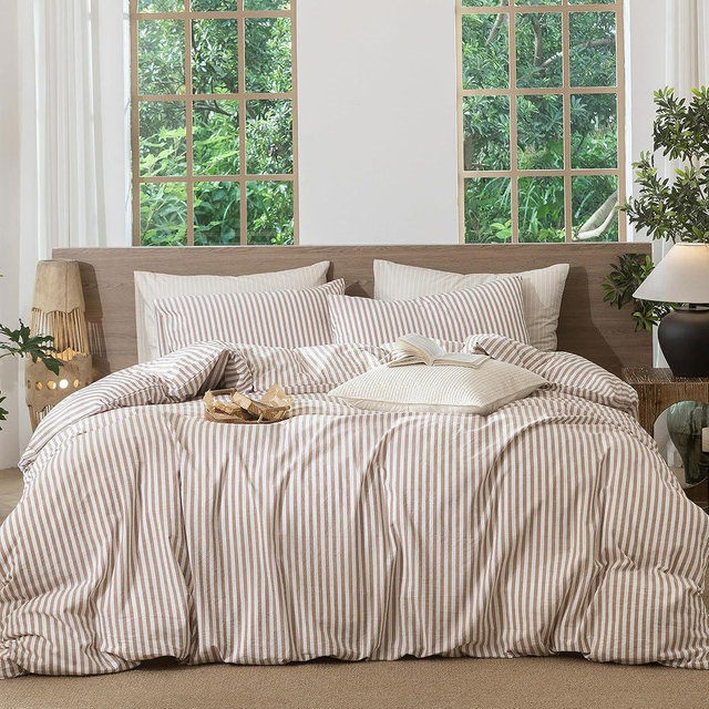 MooMee Striped Duvet Cover Set 100% Washed Cotton Linen Like Textured Breathable Durable Soft Comfy (Orange Classic Stripes, Cal King 104"x98")