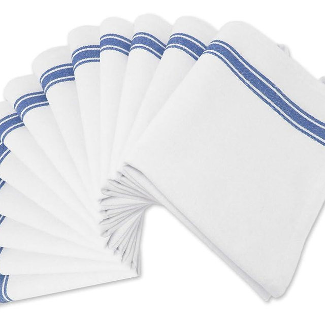 Aunti Em's Kitchen Dish Towels Set (13 Pack) Natural Cotton Fabric for Embroidery - Zero-Lint Cloth for Drying Glasses, Plates, Hand - 25.5 x 15.5 Inch (13-Pack Blue Stripes)