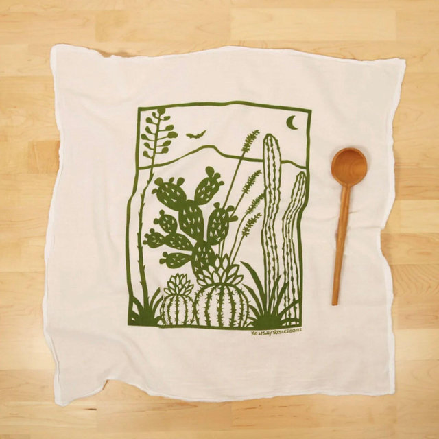 Flour Sack Dish Towel - Cacti: Green - Cotton Tea Towel - Hand Printed - New Mexico Made