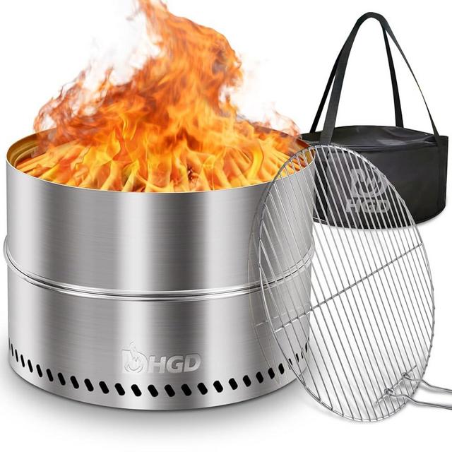 HGD 19.5 Inch Smokeless Firepit with Grill, Portable Wood Burning Fire Pit for Camping & Backyard, Stainless Steel Outdoor Fireplace with Travel Bag, Easy Setup & Compact Storage - Foldable Design