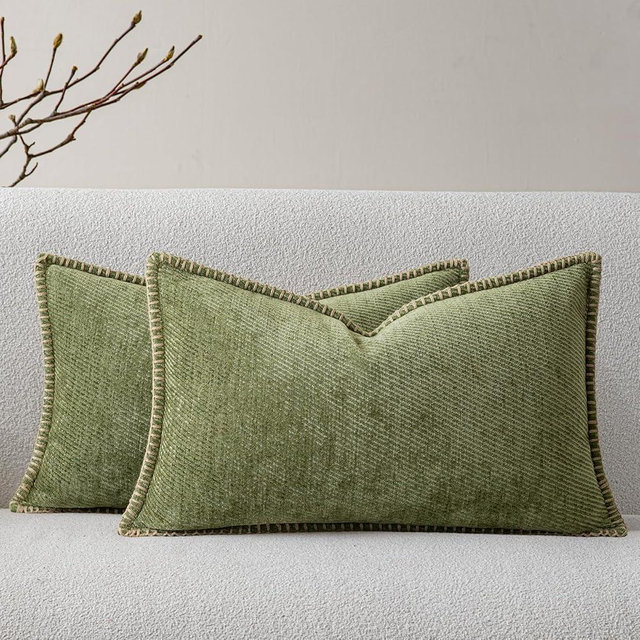 a moment Pack of 2 Decorative Chenille Throw Pillow Covers with Twill Cushion Covers for Sofa Living Room Couch Bed 20x12 Inch,Crafted Border Moss Green