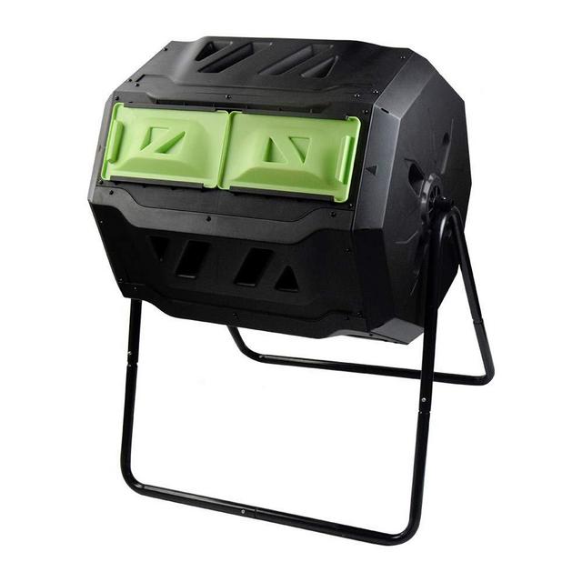 SQUEEZE master Large Compost Tumbler Bin -Outdoor Garden Rotating-Dual Compartment - Better Air Circulation Efficient Compost- BPA Free-Sturdy Steel Frame - 43Gallon (2-21.5Gal)- Green Door