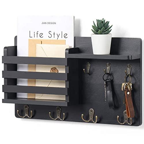 Mail Holder for Wall – Mail Organizer with Key Hooks for Hallway Kitchen Farmhouse Decor – Letter Sorter Made of Natural Pine with Floating Shelf and Flush Mount Hardware (16.8” x 10” x 3.2”) (Black)