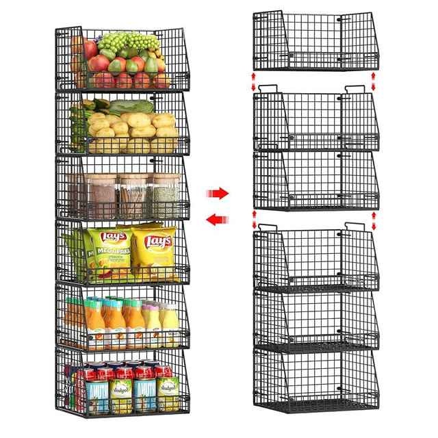 Jakyitvi Stackable Wire Baskets for Pantry,6 Pank Metal Pantry Organizer Storage Bins for Kitchen Snack, Fruit, Potato, Onion & Vegetable Storage, Wire Baskets for Pantry Organization
