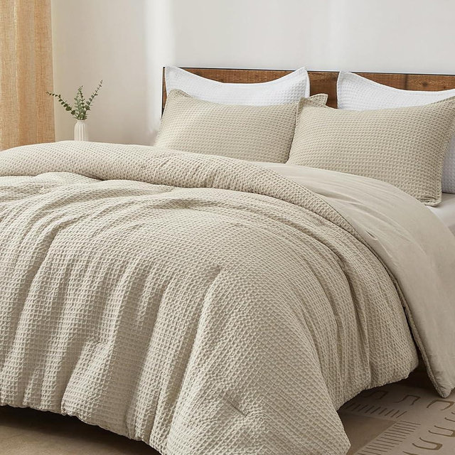 PHF Ultra Soft Waffle Weave Comforter Set California King Size, 3 Pieces Lightweight Breathable Comfy Bedding Set for All Season, Comfy Textured 1 Comforter with 2 Pillow Shams, Linen