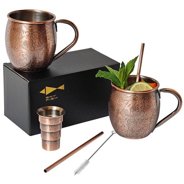 SKY FISH 3D Etched Moscow Mule Copper Mugs Set of 2 Stainless Steel Copper Mugs 18 oz Premium Gift Set with 2 Cocktail Copper Straws, Jigger