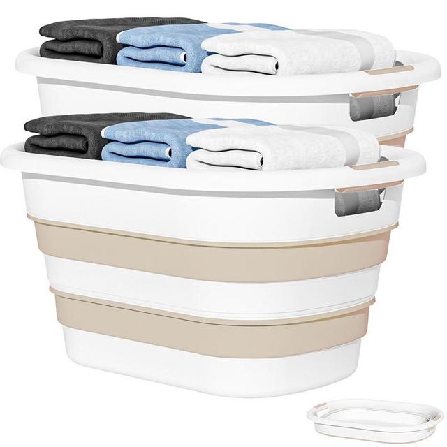 43L(11.5Gallon) Collapsible Laundry Baskets plastic, Pop Up Laundry hamper/Storage Container, Foldable Laundry Basket with Large Capacity,Sturdy,Space Saver (Beige, 2 Packs)