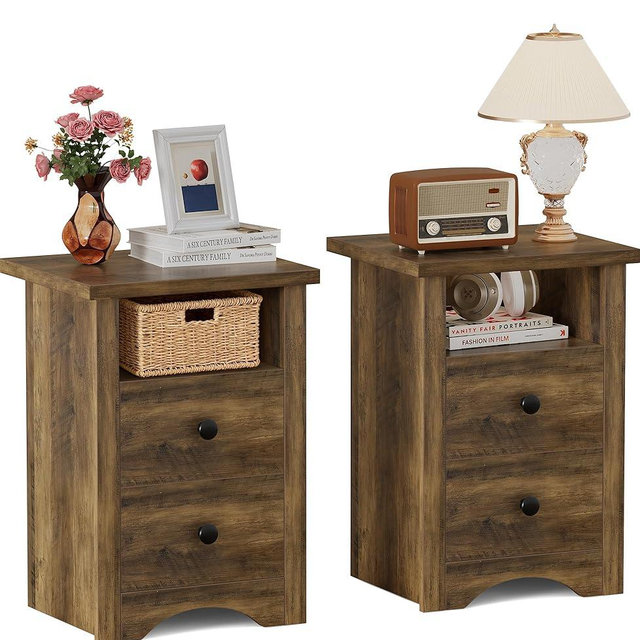YESHOMY Nightstand Set of 2, Farmhouse Night Stand with 2 Storage Drawers and Open Shelf, Bedside Tables for Bedroom Small Space, Rustic Brown