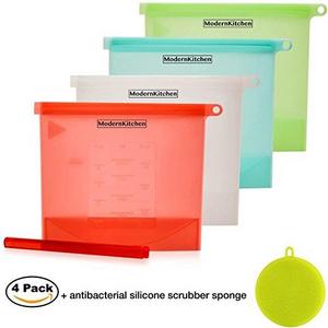 Reusable Silicone Food Storage Bags + Scrubber Sponge - Snack Bag, Sandwich Container, Ziplock Airtight Sous Vide Cooking, Steam Boil Microwave Dishwasher Freezer Safe, Instant Pot Accessories Set 4+1