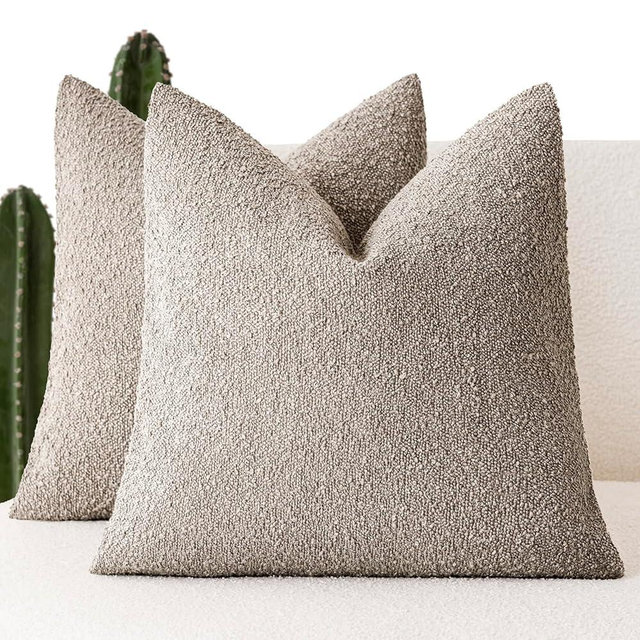 Foindtower Set of 2, Decorative Textured Boucle Throw Pillow Covers Accent Solid Pillow Cases Neutral Soft Cozy Couch Cushion Case for Chair Sofa Bedroom Living Room Home Decor 26x26 Inch Light Taupe