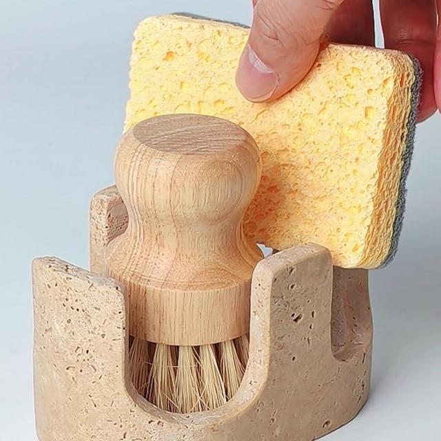 2 in 1 Travertine Sponge Holder, 2 Slot Natural Stone Sink Organizer with Raised Edge to Catch Drips,Keeps Sponges Dry & Countertop Clean, Heavy&Stable with Anti-Slip Base, Kitchen Decor,Double, Beige