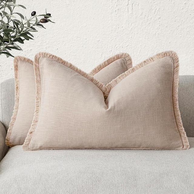 Foindtower Set of 2 Decorative Linen Fringe Lumbar Throw Pillow Covers Boho Farmhouse Cushion Cover with Tassels Soft Accent Pillowcase for Couch Sofa Bed Living Room Home Decor,12×20 Inch,Tan Beige