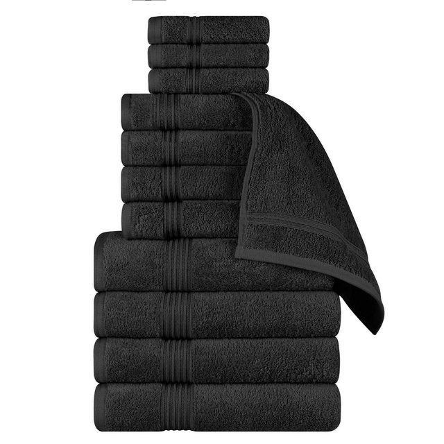 Premium Cotton Absorbent Luxury Weight 12 Piece Towel Set, Black - Blue Nile Mills