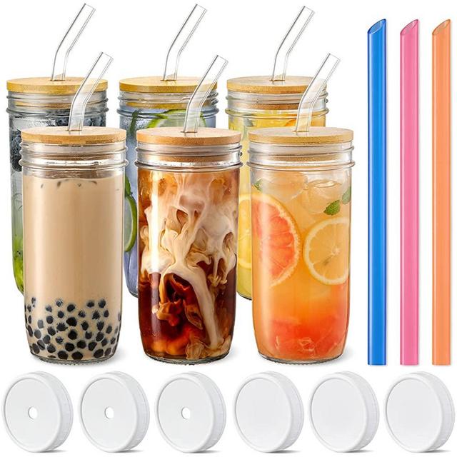 6 Pack Glass Cups Set - 24oz Mason Jar with Bamboo Lids and Glass Straw & 3 Airtight Lids - Cute Boba Drinking Glasses, Reusable Travel Tumbler Bottle for Iced Coffee, Smoothie, Bubble Tea, gift