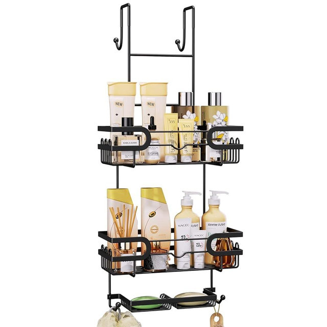 SWTYMIKI Over The Door Shower Caddy With Double Soap Holder, Stainless Steel Hanging Shower Organizer With 16 Hooks No Drilling Hanging Shower Caddy Over Door To Organize Bathroom Essentials, Black