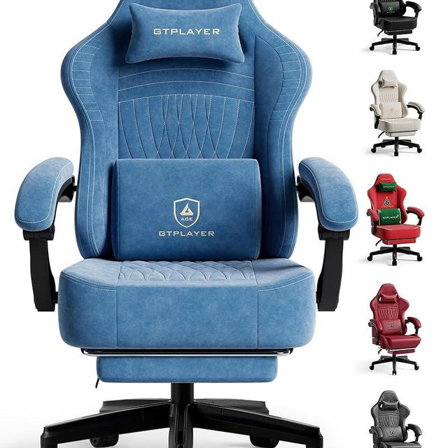 GTPLAYER Big and Tall Gaming Chair with Footrest, Extra Wide Seat Video Game Chairs for Adults - Padded High Back Ergonomic Reclining Silla Gamer, Linkage Armrest, Ace Pro, Blue【Velvet】 (Oversized)