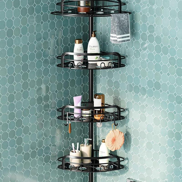 EUHOME Shower Caddy Tension Pole, Corner Shower Caddy Tension Rod 4 Adjustable Shelves Standing Shower Caddy for Bathroom Organizers Storage, Black