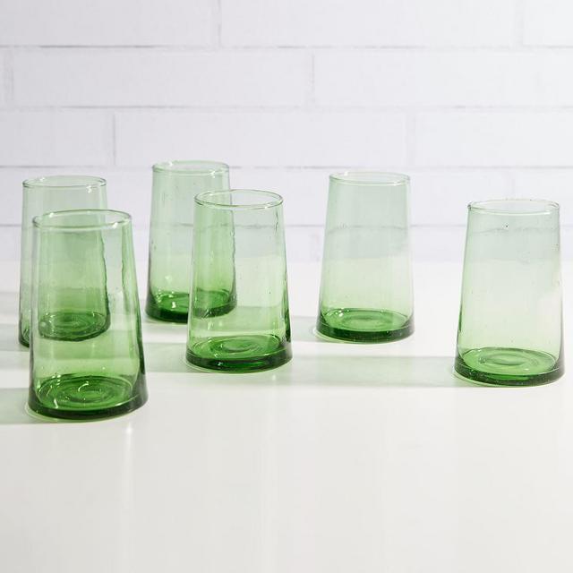 Moroccan Handcrafted Recycled Drinking Glasses, 12 Oz, Set of 6, Olive