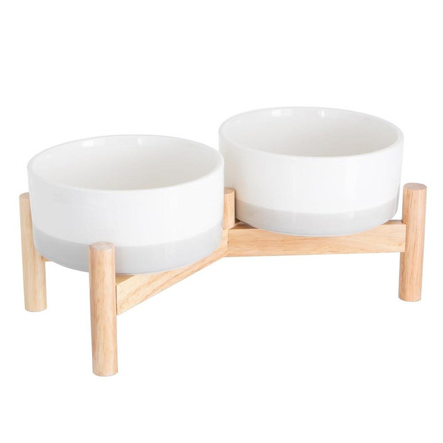 Ilyapa Ceramic Dog Bowls - Elevated for Medium Sized Pet with Raised Food and Water Set - Gray Double 6 inch, 28 Oz Bowls & 13x6.3x5.5 Wooden Stand