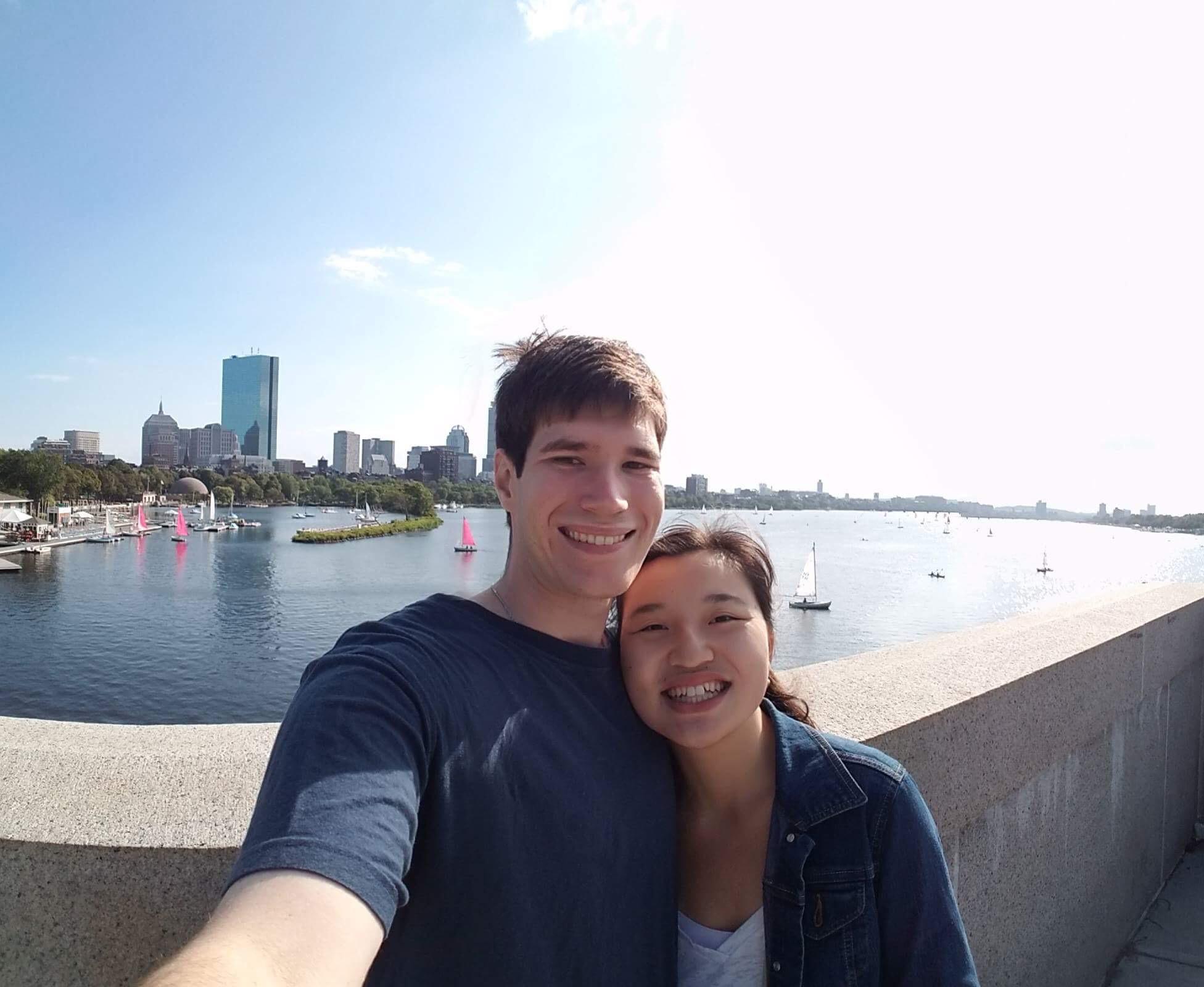 Selfie picture taken of us with the Boston city skyline in the background