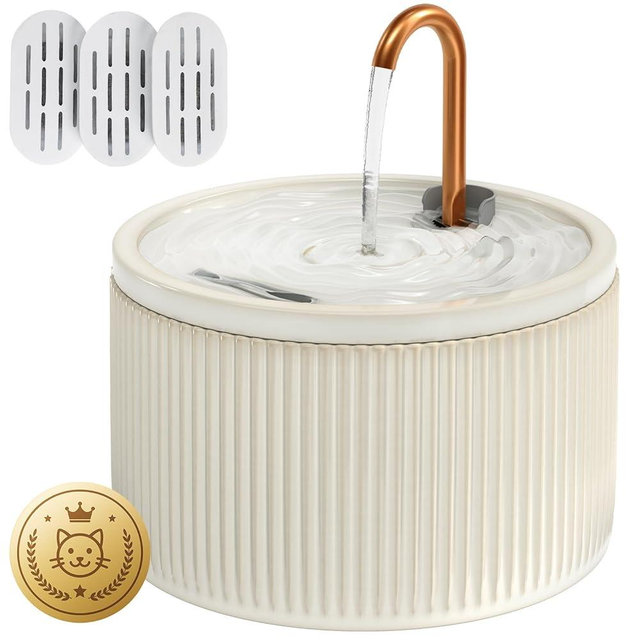DOOOB Ceramic Cat Water Fountain, 2.1L/71oz Ceramic Cat Fountains, Automatic Pet Water Fountain for Cats, Pet Water Fountain with Ultra-Quiet Pump and 3 Filters & 3 Sponges (Beige)