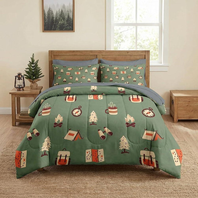 Nesker 5 Pcs Comforter Set Twin Size, RV Camping Camper Vintage Bedding Set for Kids and Adults, Adventure Map Retro Bed Sheet Sets with Fitted Sheet Pillowcases & Shams