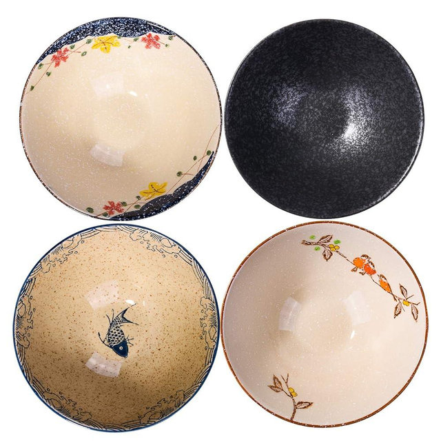 Whitenesser Japanese Retro Ramen Bowls Set of 4 Color Large 8 Inch Ceramic Bowl for Pho Dessert Snack Cereal Soup Noodle and Rice