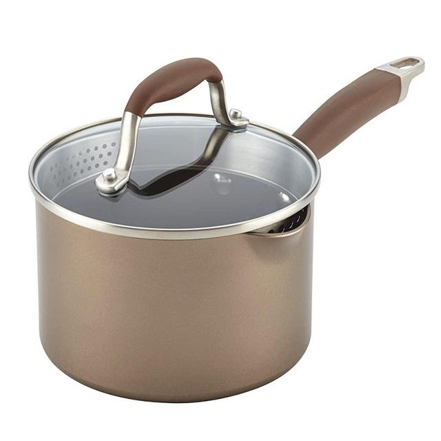 Anolon Advanced Hard Anodized Nonstick Sauce Pan/Saucepan with Straining and Lid, 2 Quart, Brown Umber