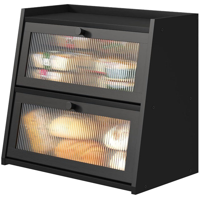 viewcare Black Bread Box, Double Layer Large Bread Box for Kitchen Counter, Bamboo Bread Storage Container with Wavy Acrylic Transparent Door