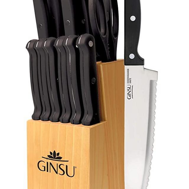 Ginsu Kiso Dishwasher Safe Black 14 Piece Set Natural Block
