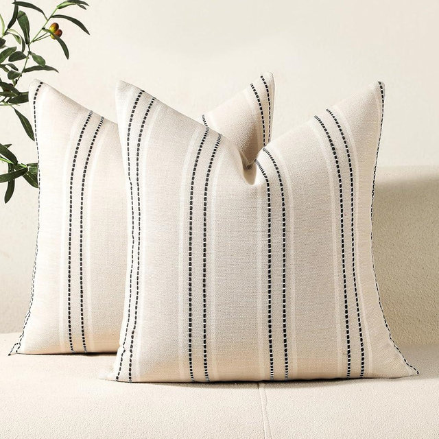Hckot Throw Pillow Covers 22x22 Set of 2 Striped Pillow Covers Textured Linen Decorative Pillows Square Cushion Covers for Sofa Couch Bed Living Room Farmhouse Decor, Black