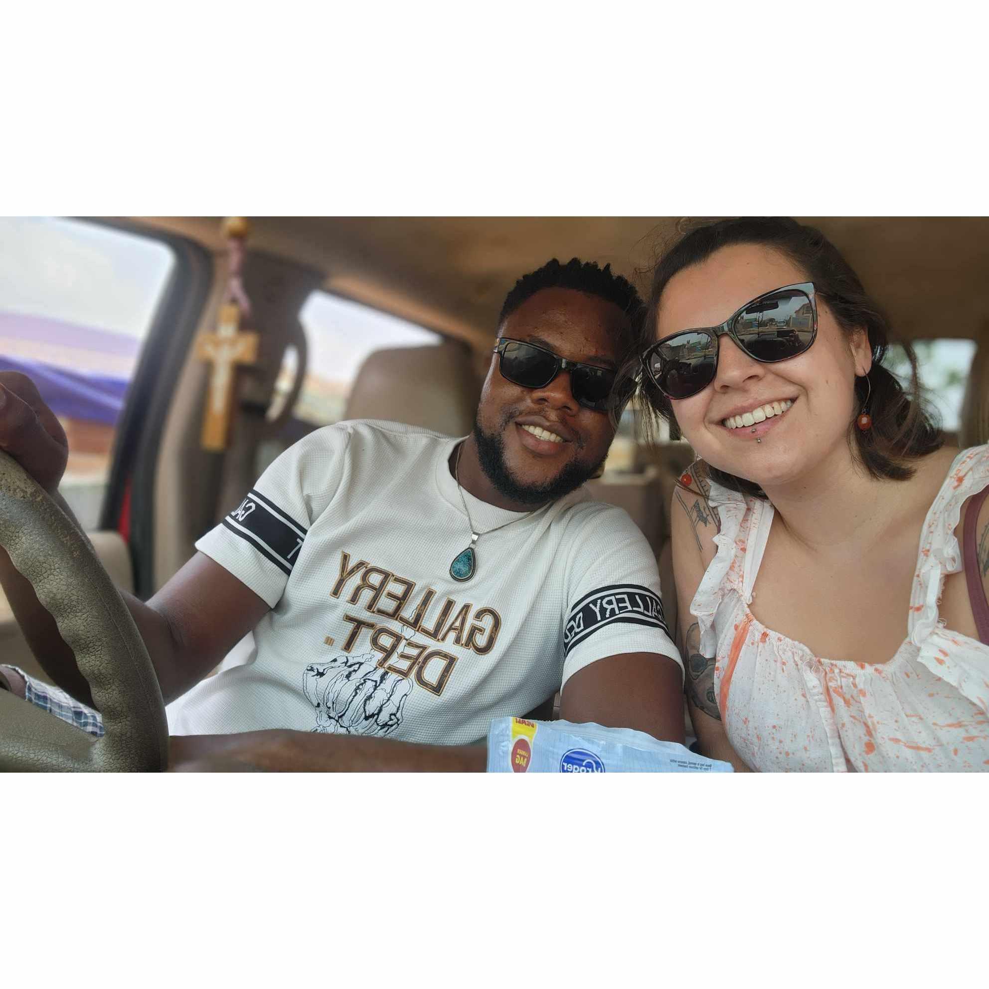 We spent 6hrs in the car waiting for an inspection at one of the few government-approved garages. Happy together, listening to Jean's music, talking, laughing, and commiserating. Conakry, June 2024