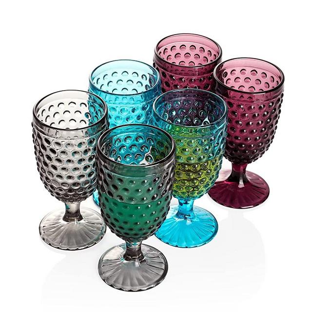 EVEREST GLOBAL Iced Beverage Goblet 13 oz. set of 6 Premium Vintage Glass for Wine Soda Juice Perfect for Dinner Parties Bars Restaurants (Mixed Color Goblet)