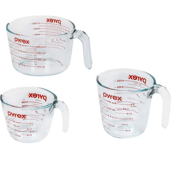 Pyrex Essentials (3-Pack) Glass Measuring Cups Set, (1, 2 & 4 Cup) Measuring Cups For Prepping, Baking and Cooking, Preheated Oven, Dishwasher, Freezer, and Microwave Safe