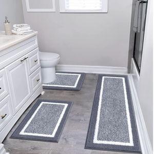Pauwer Bathroom Rug Mat Set 3 Piece, Microfiber Shaggy Bath Set, Non-Slip Ultra Soft Carpet Mats, Absorbent with U-Shaped Toilet for Bathroom, Tub, Shower, Dark Grey