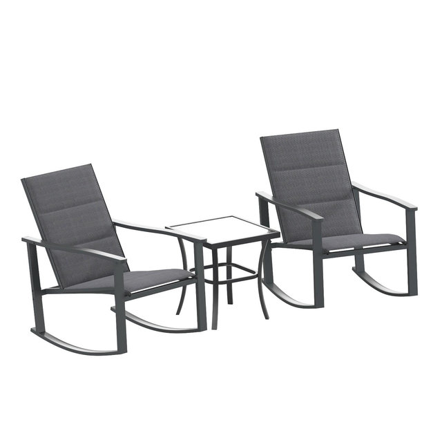 Emma and Oliver Braelin 3 Piece Outdoor Rocking Chair Patio Set with Flex Comfort Material and Steel Framed Glass Top Table, Black/Black