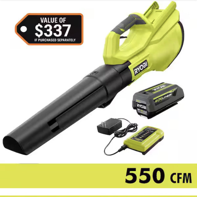 RYOBI 40V 120 MPH 550 CFM Cordless Battery Leaf Blower With 4.0 Ah Battery and Charger RY40LB01K