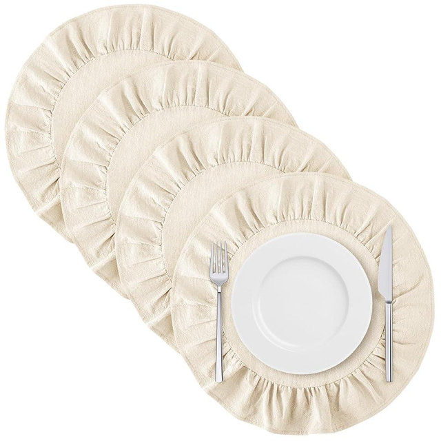 Gandeer 4 Pcs 15 Inch 100% Cotton Scalloped Round Placemats, Thin Milk White Place Mats with Ruffle, Washable Placemats Table Mats for Kitchen Dining Holiday Gatherings Decor